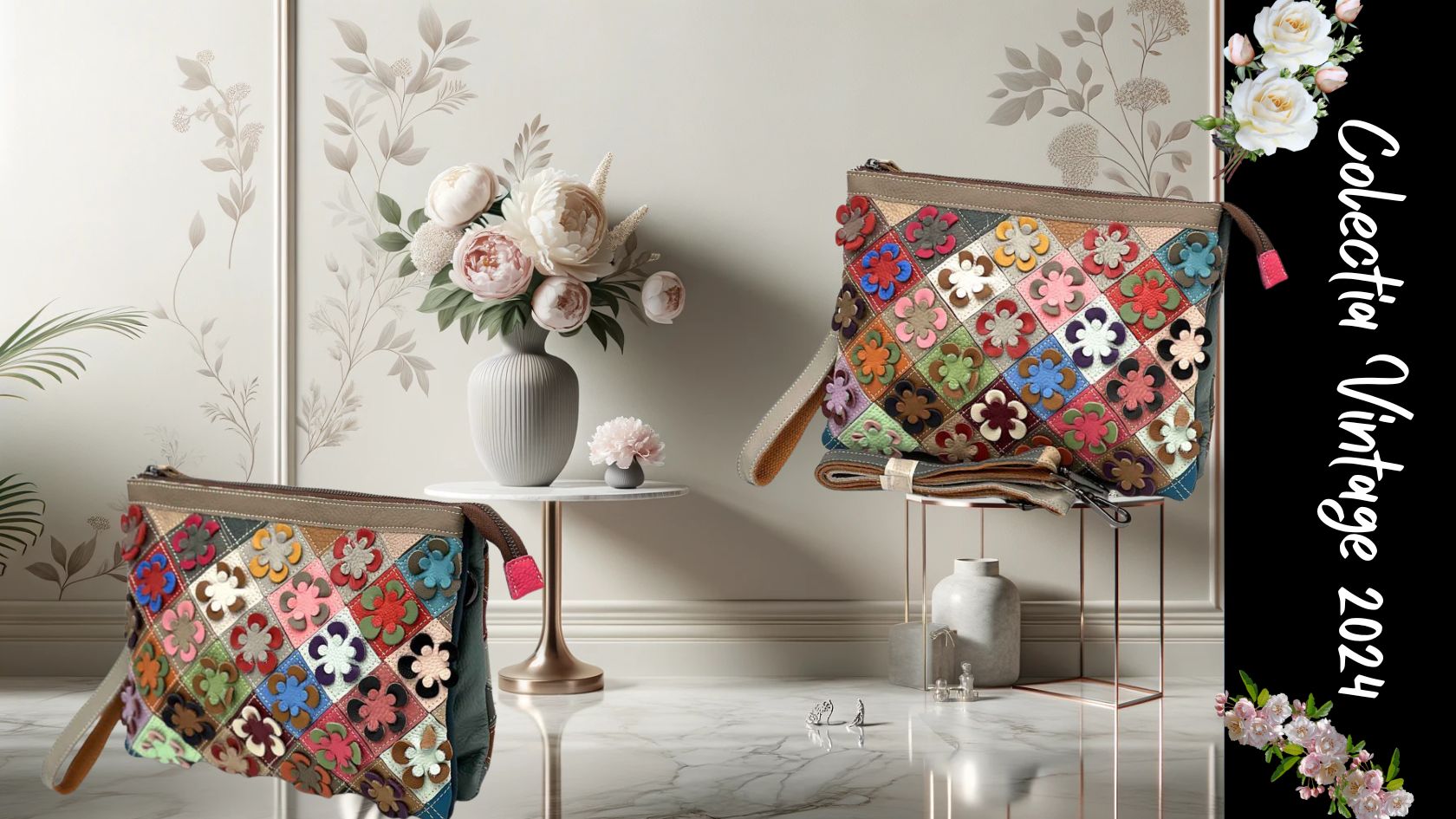 geanta pentru dama din piele naturala - model floral - flori aplicate